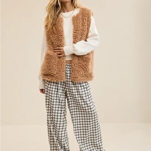 aerie Faux Shearling Vest in Camel Brown